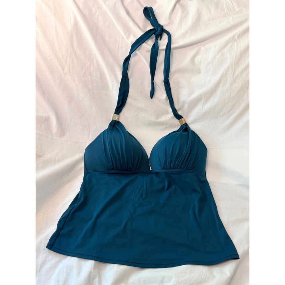 Victoria's Secret Teal Blue Halter Tankini Top Padded Gold Hardware Large